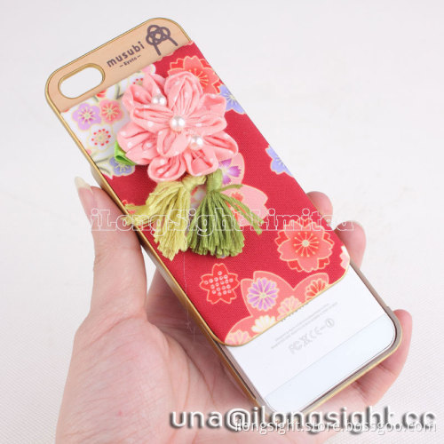 Musubi Kyoto Pink Flower Tassels red Cloth Coated 2 in 1 Hard Shell for iphone 5/5S